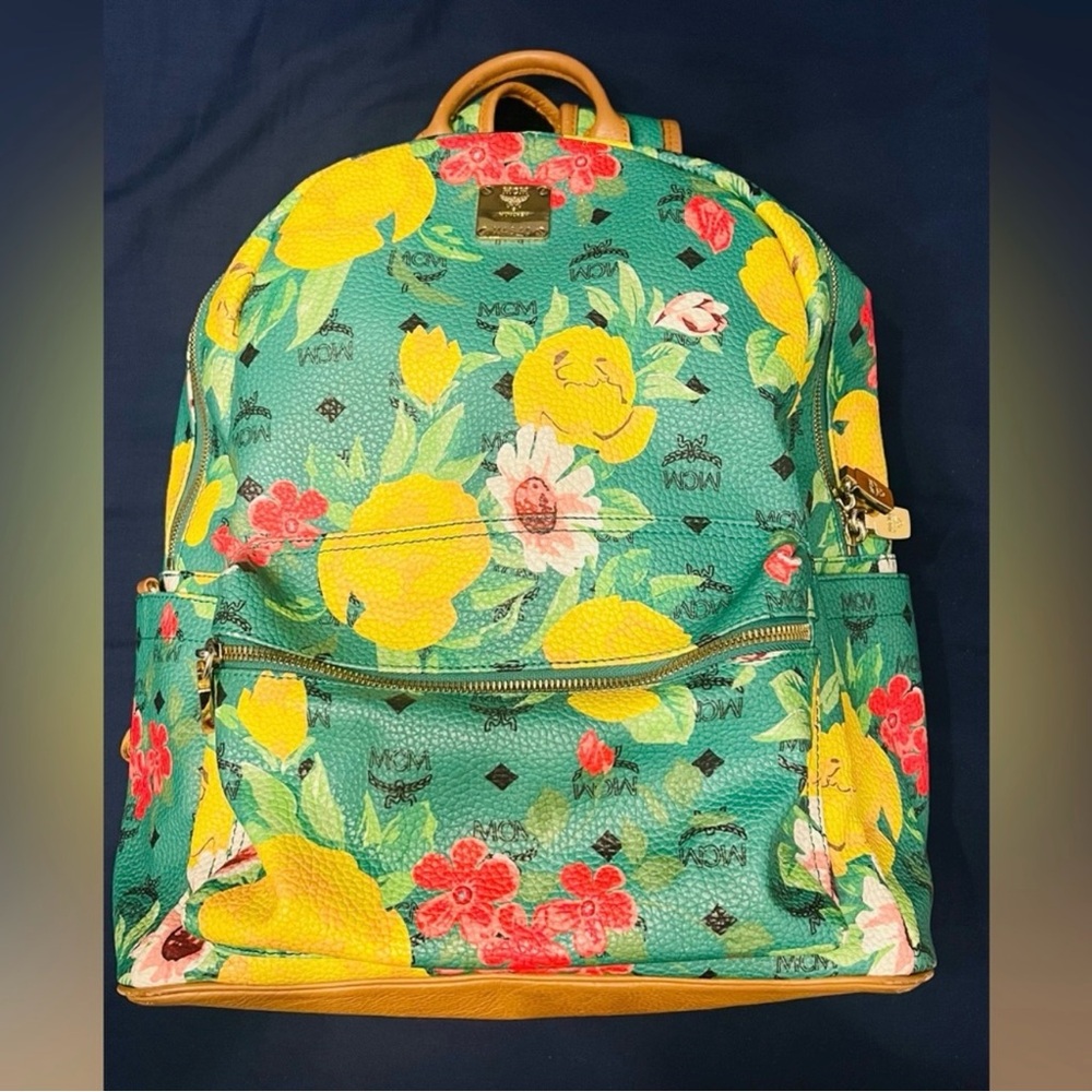 MCM Green and Yellow Backpack with Floral Design